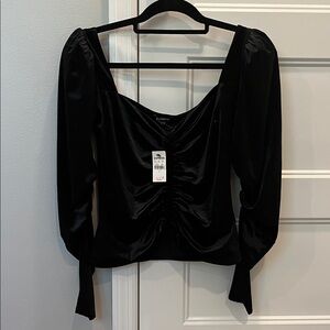 NWT Express size S  Black Velvet Long-Sleeve Ruched Square-Neck Top